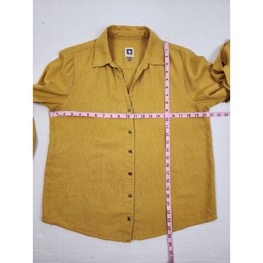 Anne Klein Linen blend yellow mustard button-up blouse roll-tab sleeves size M - Picture 9 of 9